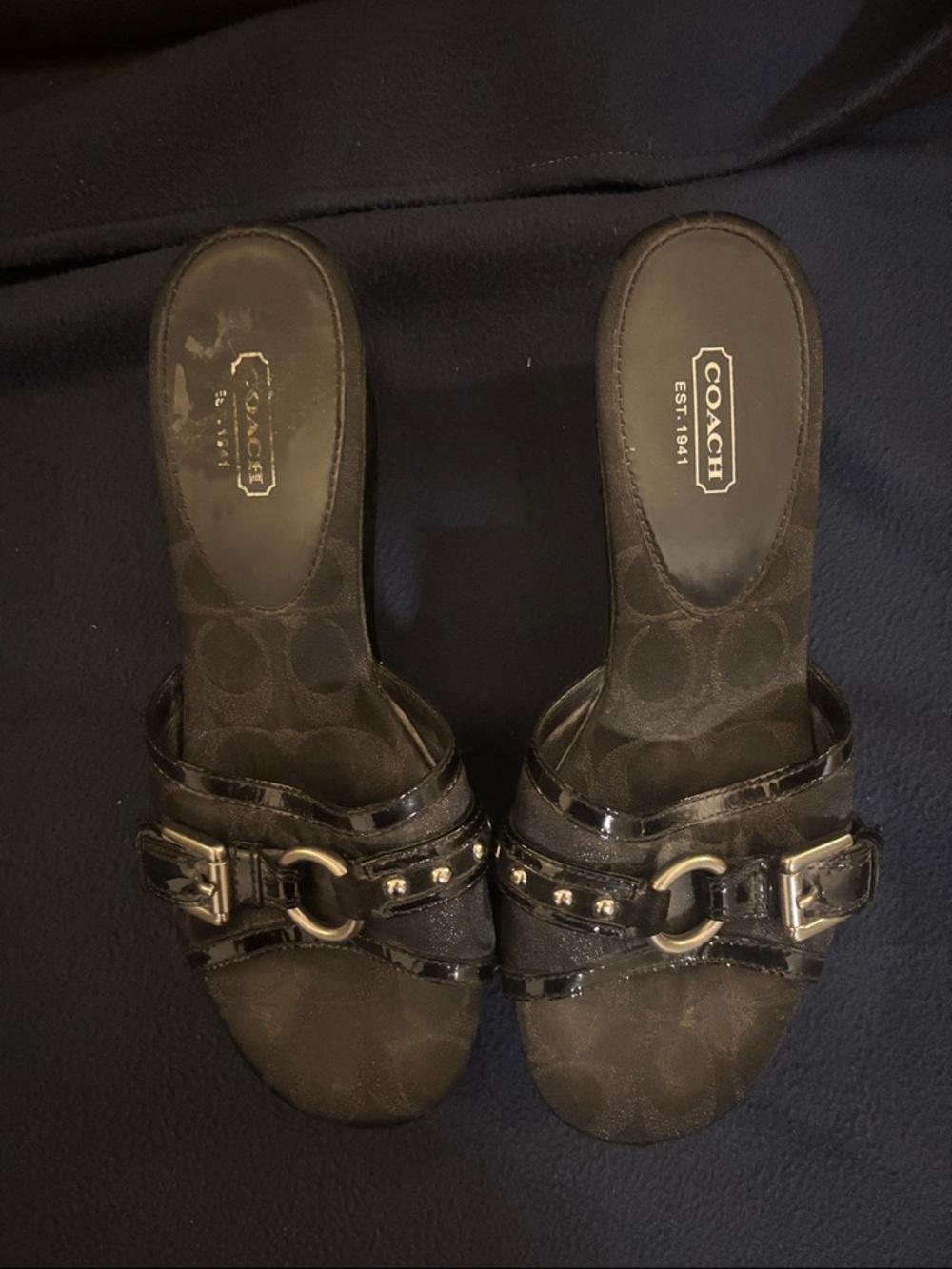 Coach Black Patent & Canvas Slide Mules with Buckle Hardware